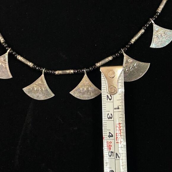 Niger Tuareg Hand Engraved Silver Drop and Black Seed Bead 18” African Necklace - Picture 4 of 5